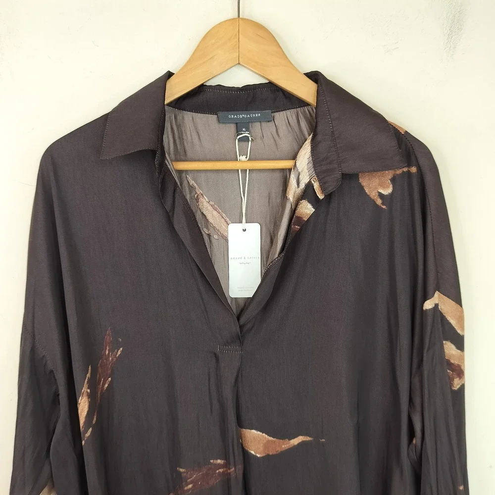 Grade & Gather Blouse Women XL Brushstroke V-Neck Long Sleeve Boho Brown Black